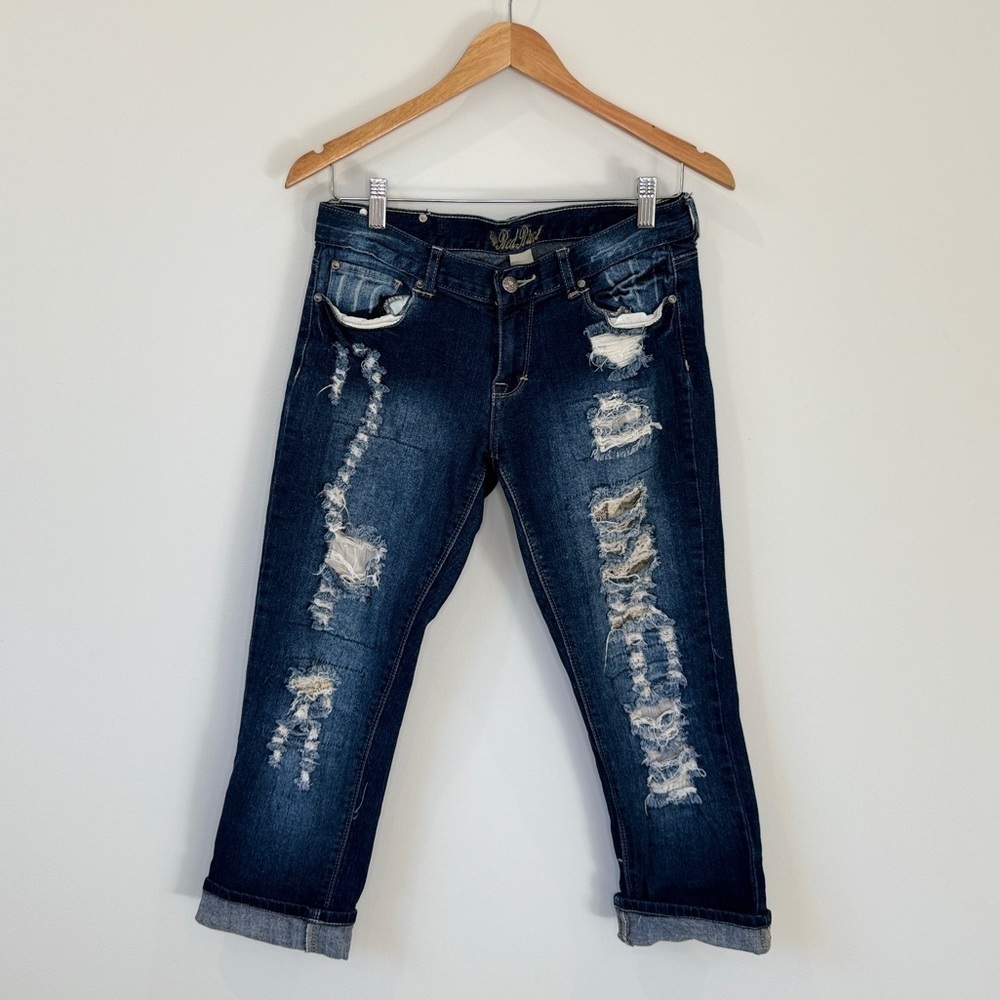 Red Rivet Ripped Blue Cropped Jeans (7) - Picture 2 of 7